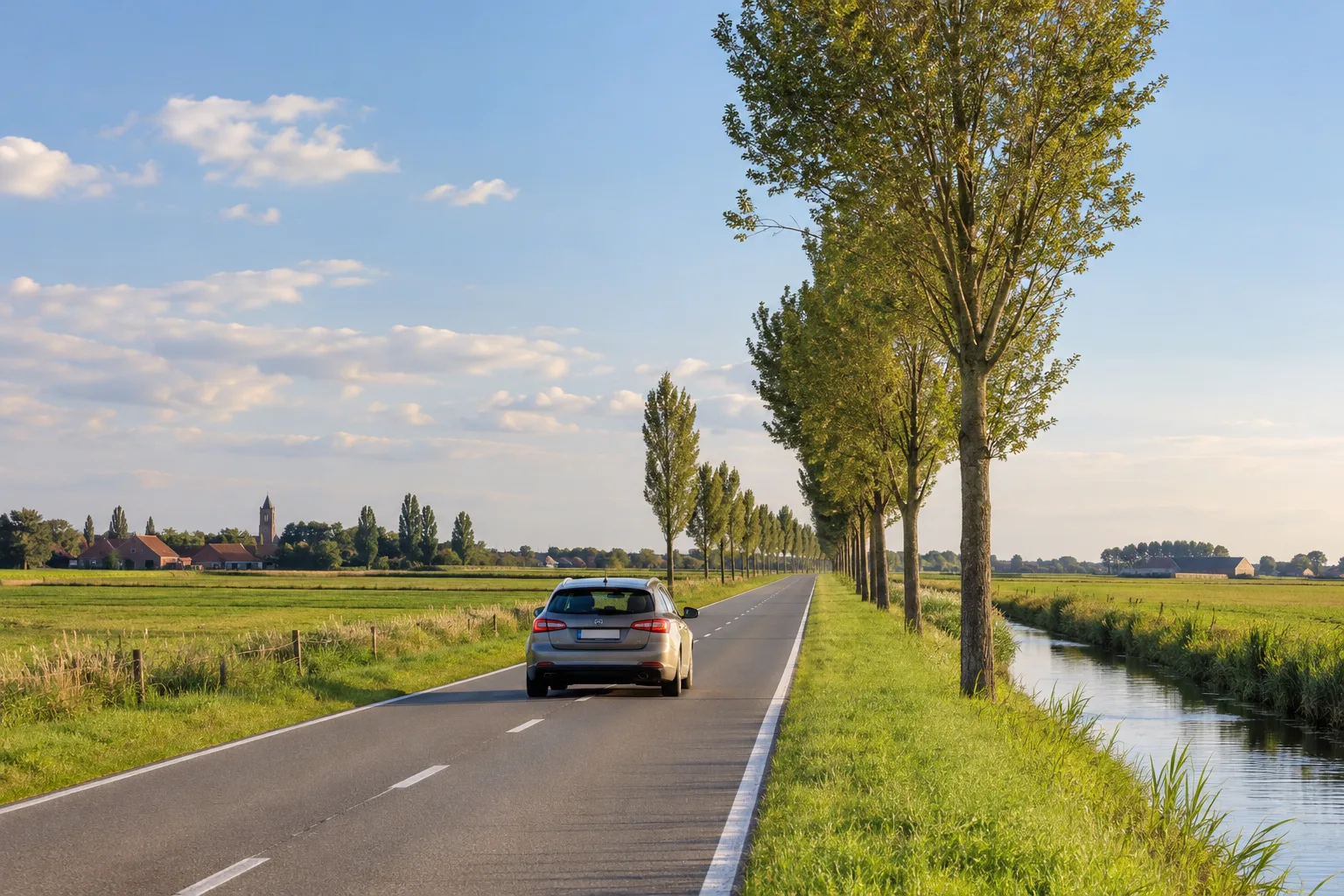 Een auto rijdt over een met bomen omzoomde landweg in de IJzerstreek bij Diksmuide