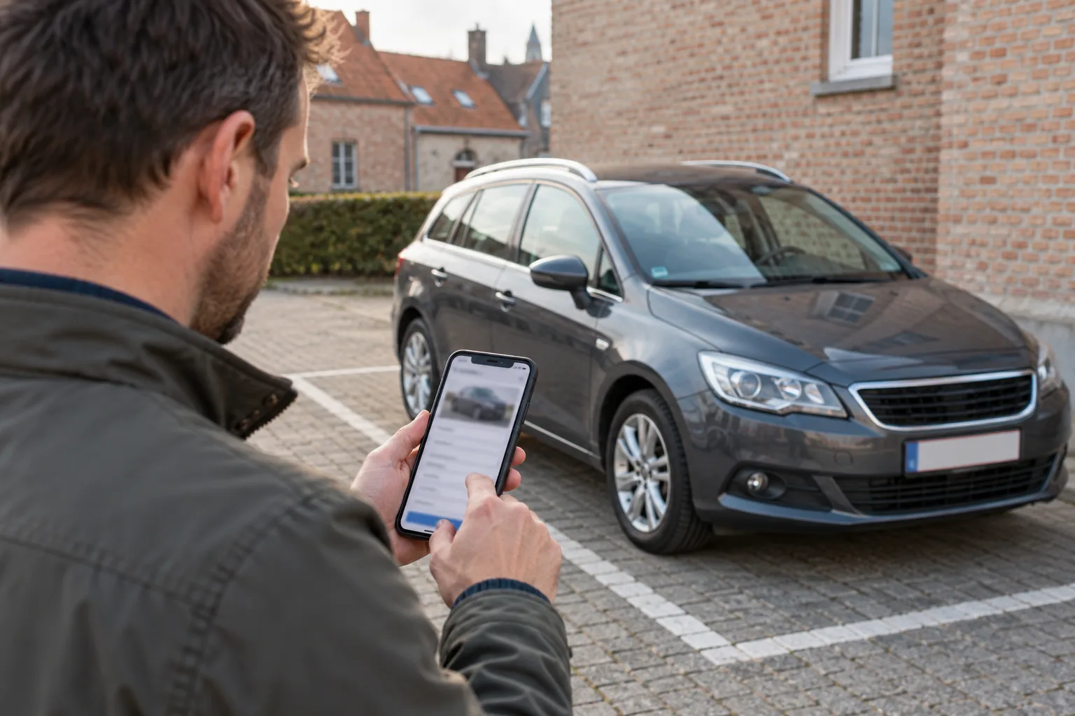 Een man bekijkt zijn telefoon naast een auto bij aanmelding voor snelle verkoop in Diksmuide