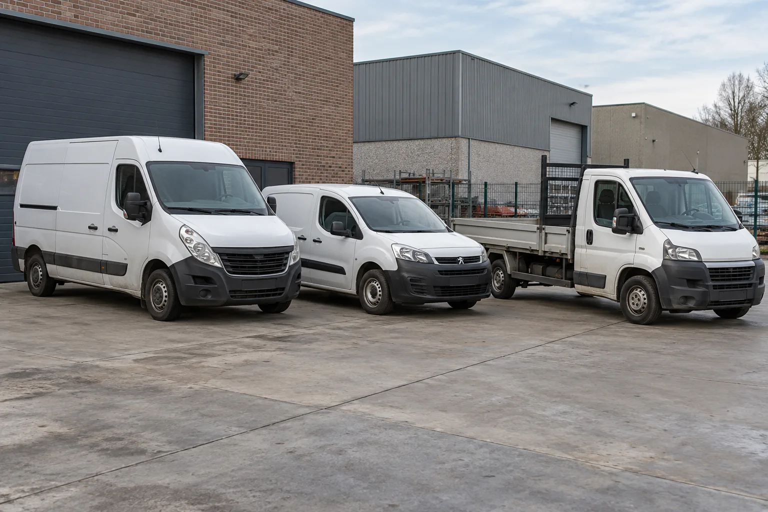 Lichte bedrijfswagens en bestelwagens geparkeerd op een bedrijfsterrein in Diksmuide