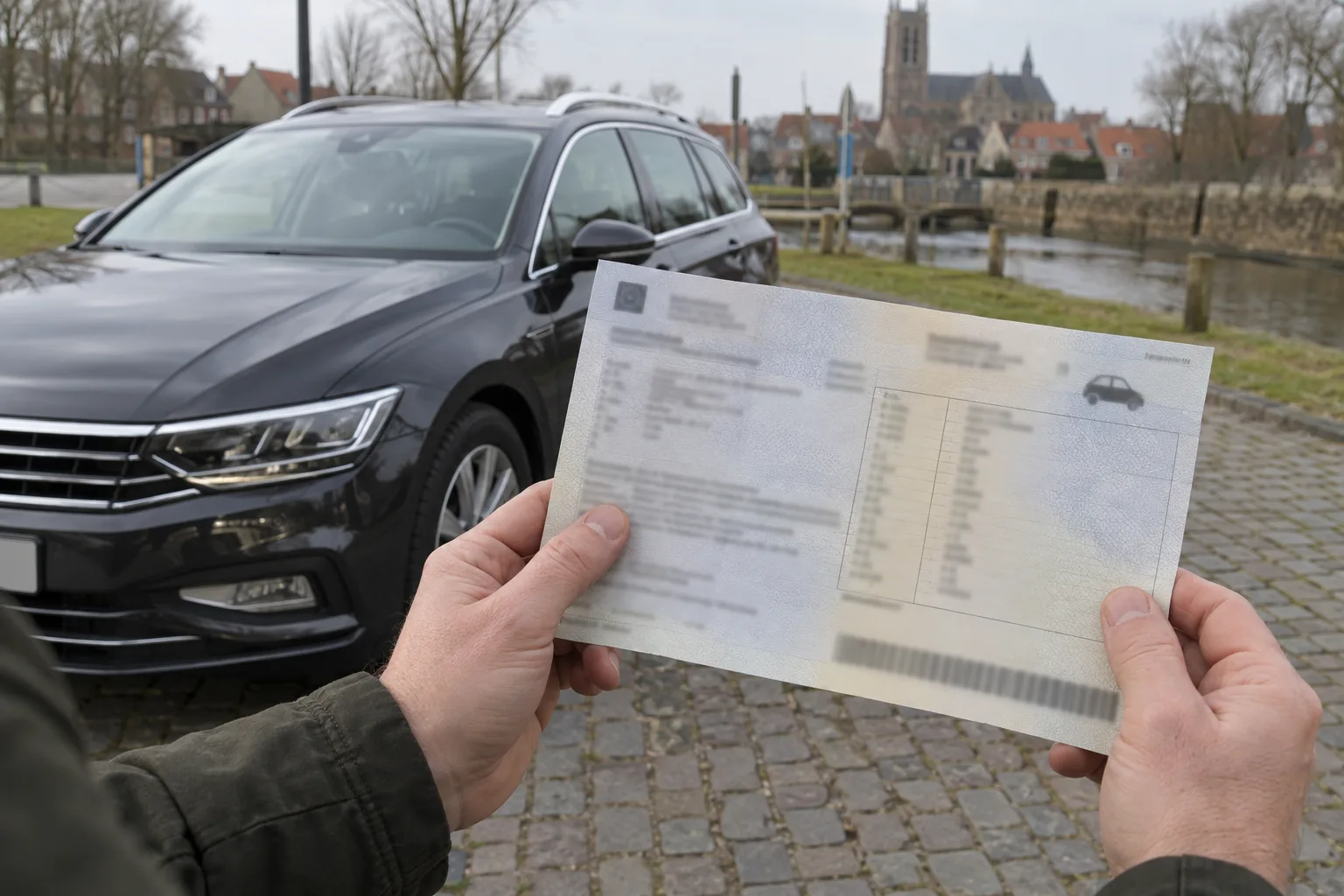 Papieren over een dieselwagen worden naast de auto in Diksmuide bekeken