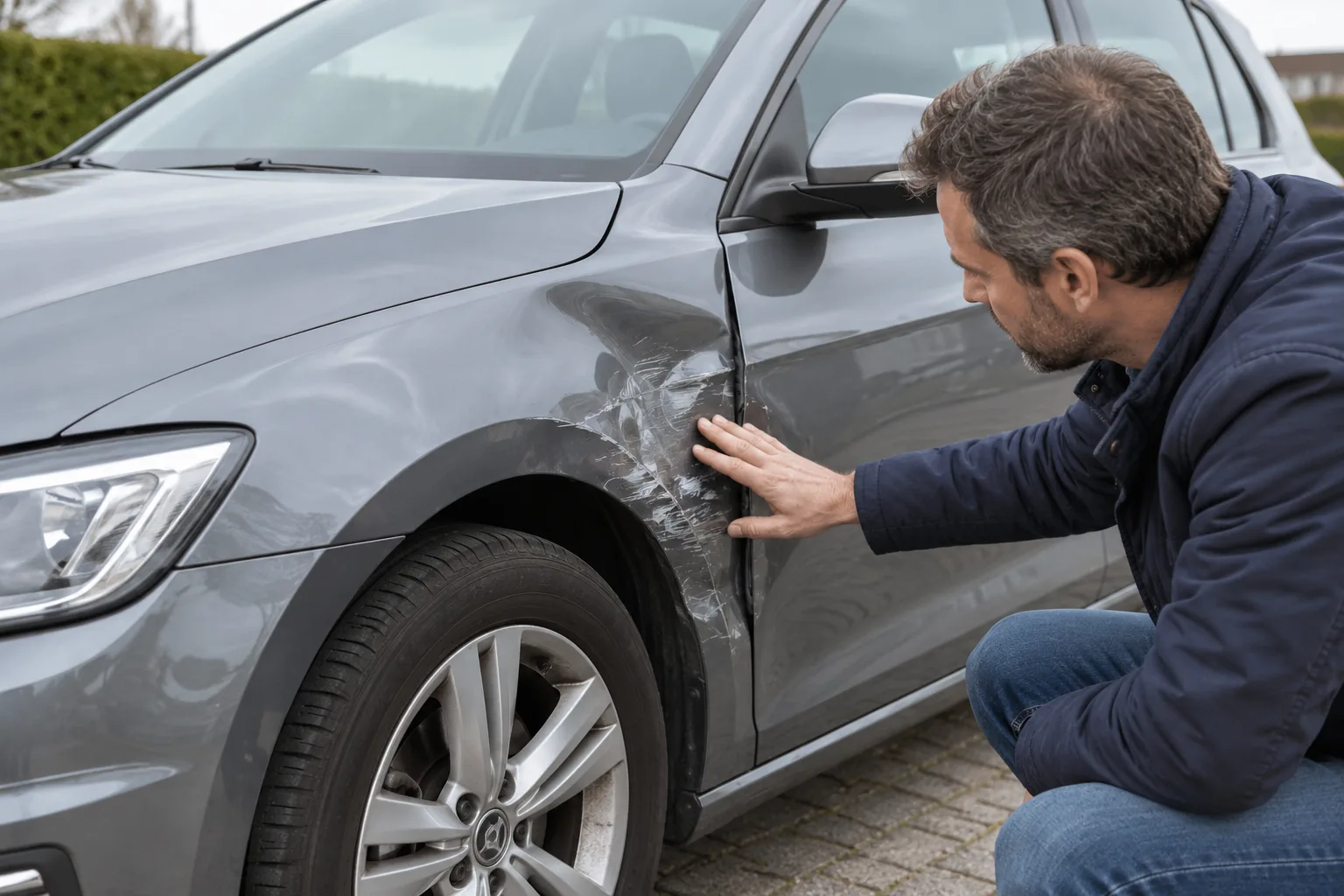 Een man bekijkt carrosserieschade aan een auto in Diksmuide