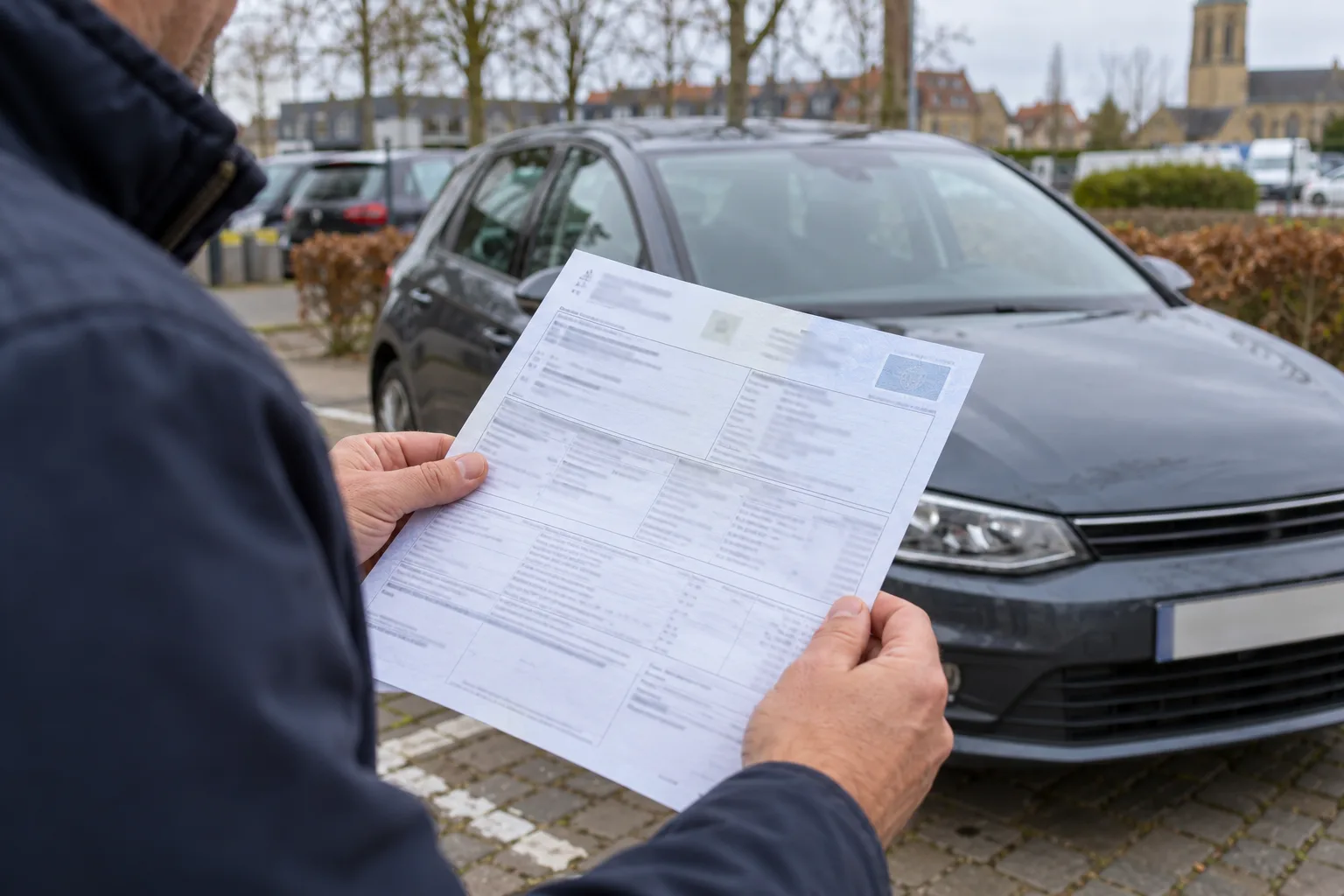 Een document wordt naast een auto in Diksmuide bekeken bij verkoop zonder keuring